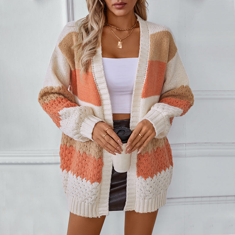 Contrast Color Striped Sweater Cardigan Women Autumn Winter Casual Loose Lantern Sleeve Sweater