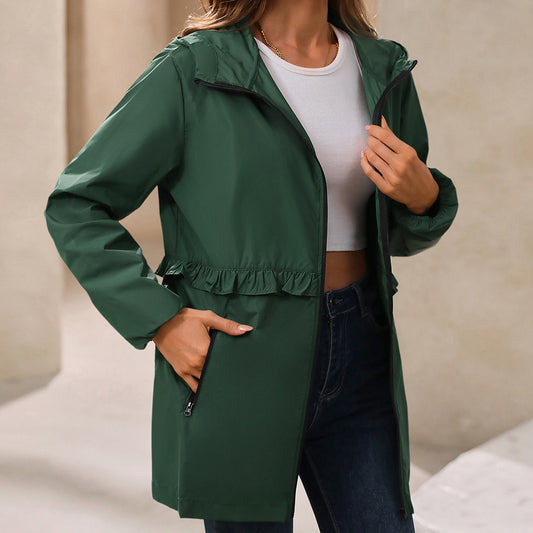 Producto superior de otoño e invierno para mujer, chaqueta impermeable a prueba de lluvia, abrigo elegante con capucha y bolsillos