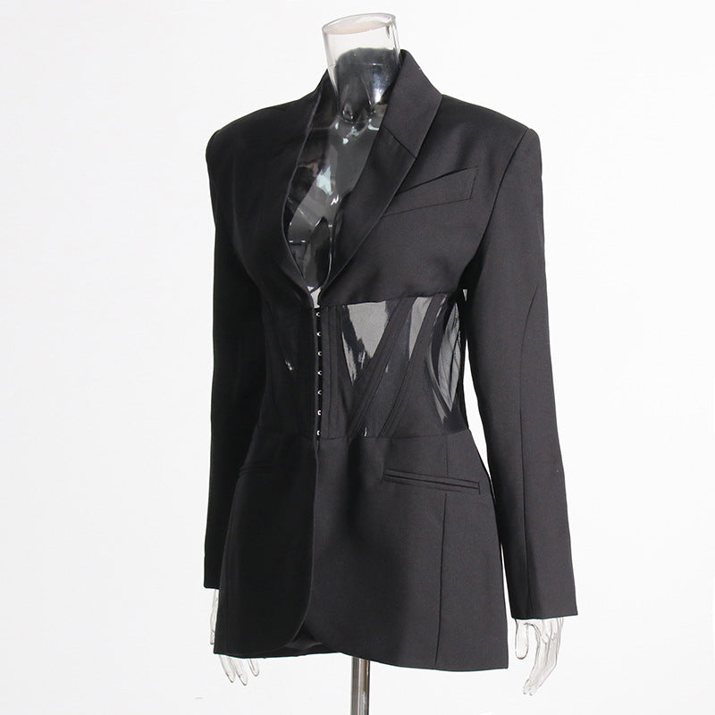 Autumn Boning Corset Waist Mesh Stitching See Through Design Blazer Mid Length Blazers