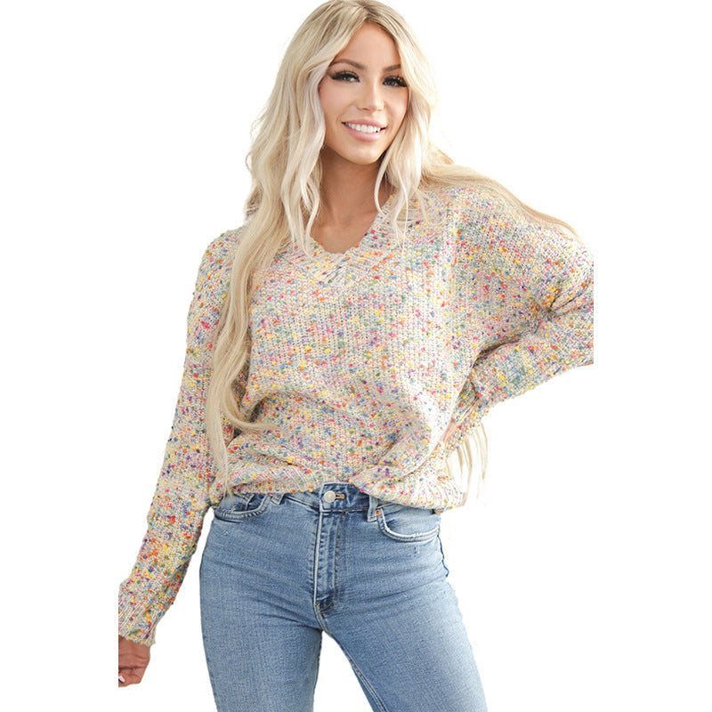 Color Polka Dot Loose Fitting Sweater Women Spring Concise All Match Printed V Neck Long Sleeve Top Women