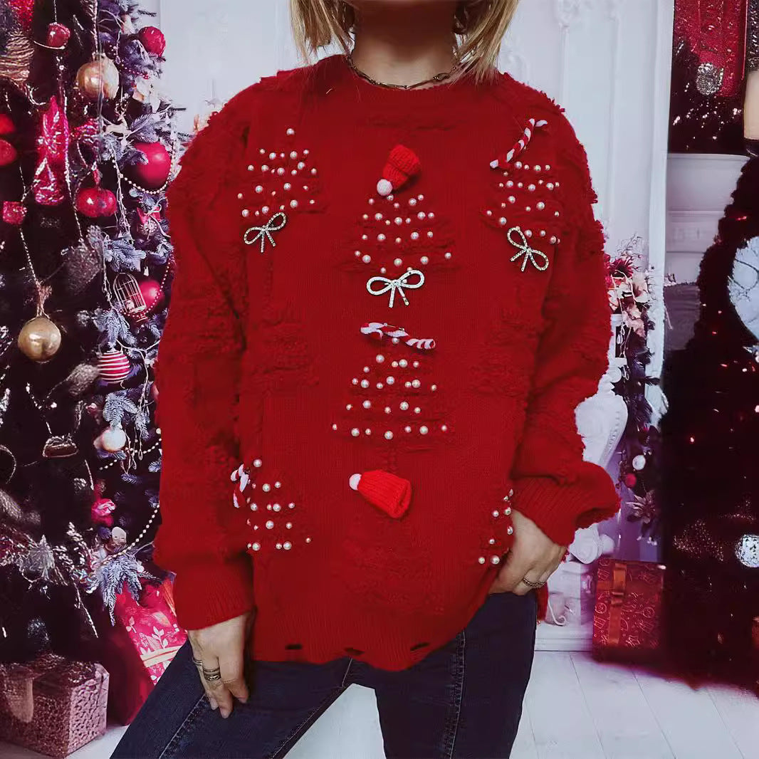 Handmade Pearl Christmas Theme Sweater Three Dimensional Decoration Year Holiday Sweater Pullover Women