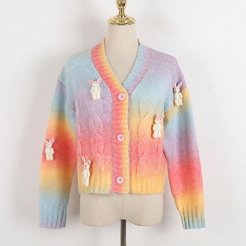 Cardigan tricoté en peluche de lapin, dégradé de couleurs arc-en-ciel, pull assorti, collège japonais, manteau court, ample, paresseux