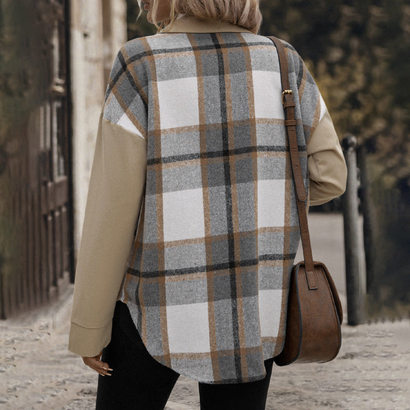 Collared Patchwork Plaid Top Autumn Winter Long Sleeve Outer Women Clothing All Matching Casual Cardigan Coat