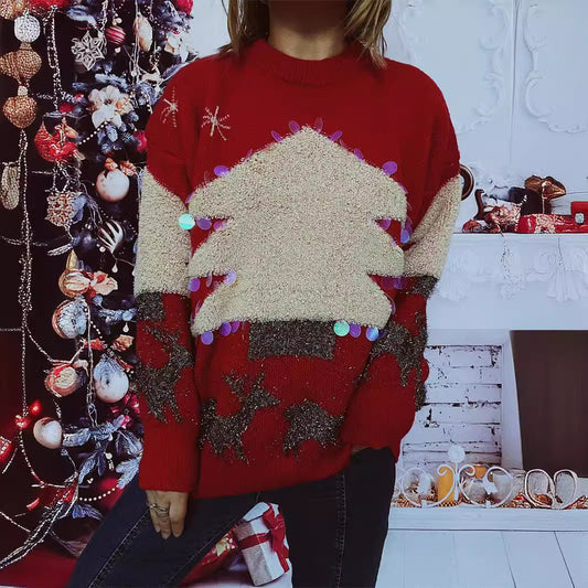 Christmas Sweater Handmade Sequined Flocking Christmas Tree Deer Thickened Pullover Year Sweater for Women