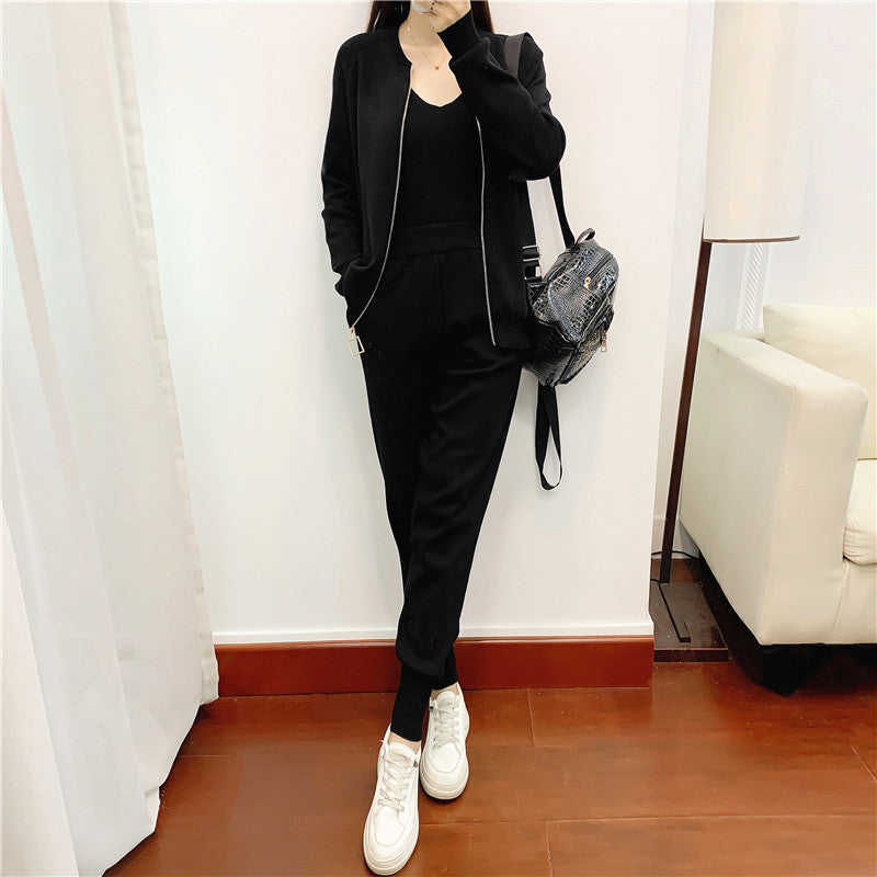 Spring Autumn Korean Sweet Chain Vest Knitted Coat Skinny Trousers with an Elasticated Waist Three Piece Set for Women