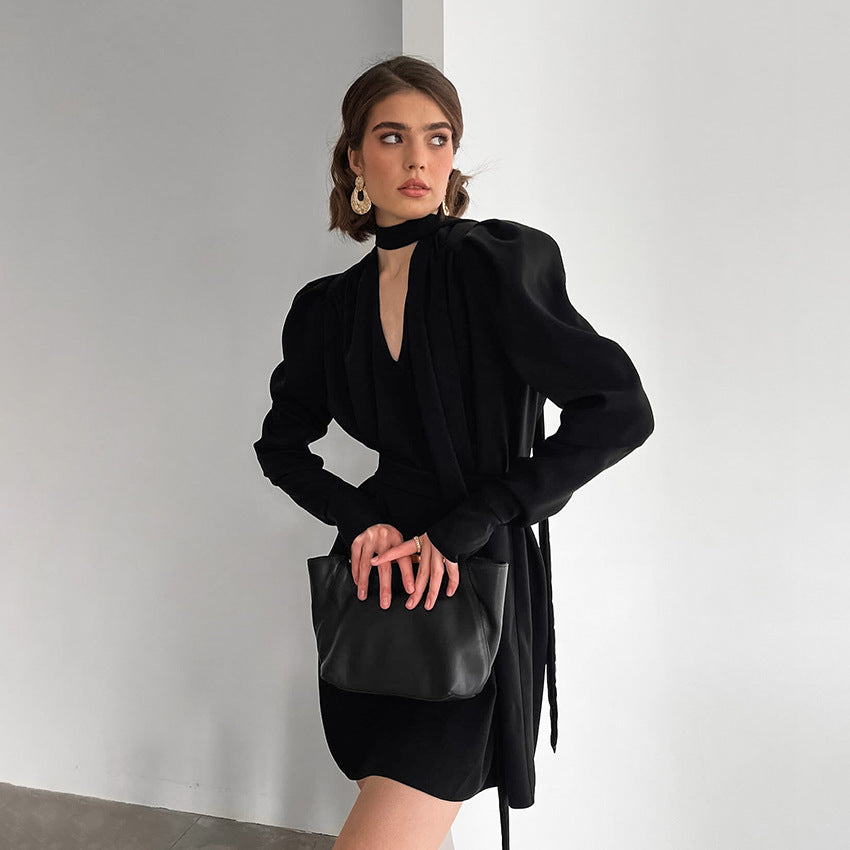 Fall V Neck Puff Sleeve Dress Black Long Sleeve Chiffon Dress Women Clothing