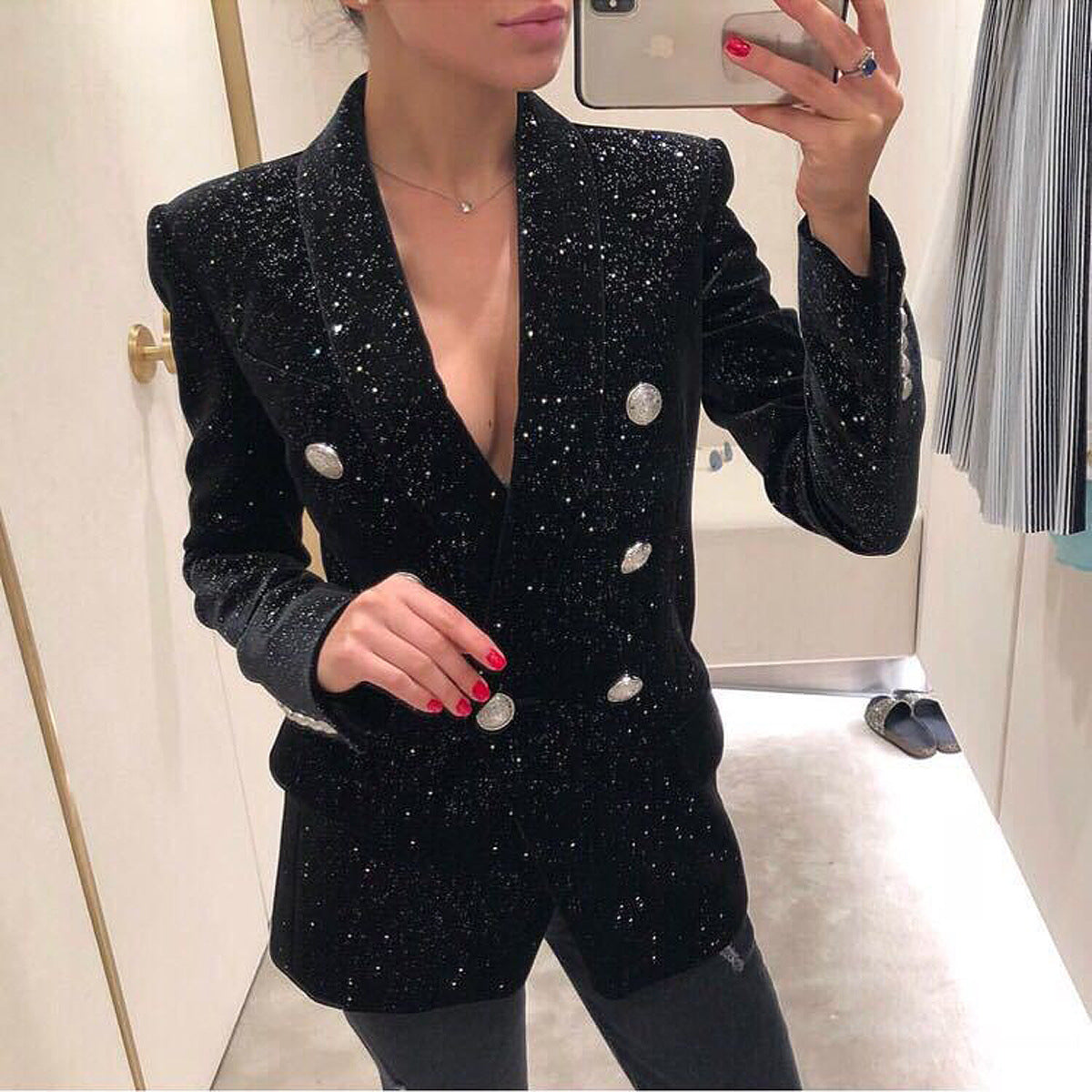 Spring Autumn Women Starry Sequ Silver Buckle Tight Waist Velvet Small Blazer