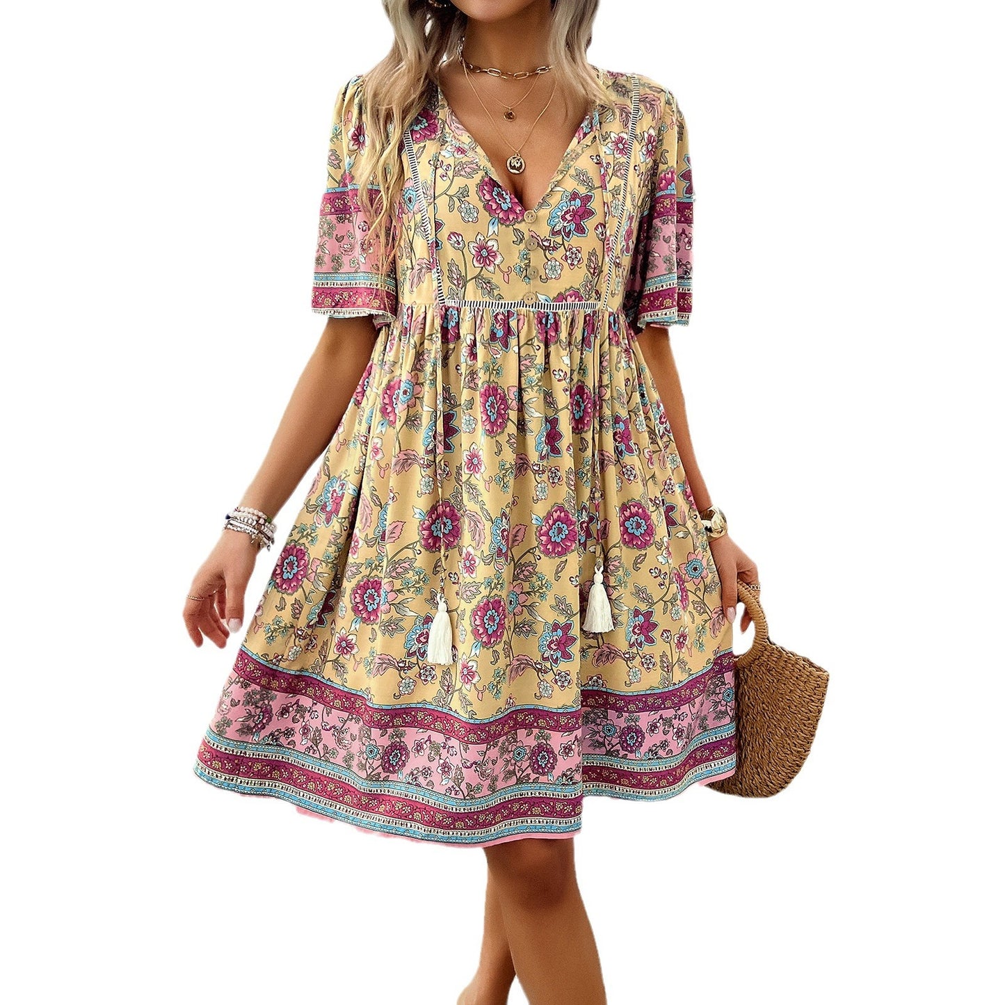 Robe décontractée à manches courtes et imprimé floral pour les vacances