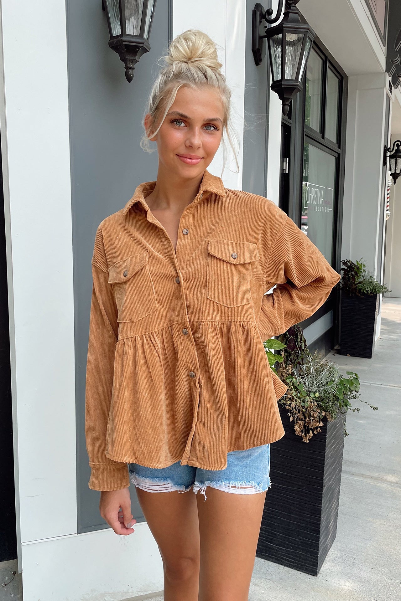 Women Shirt Top Corduroy Polo Collar Solid Color Loose Casual Shirt Shacket