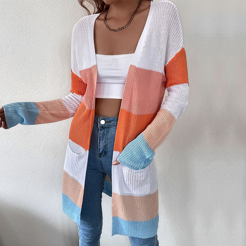 Autumn Clothes Women Outer Wear Long Sleeve Colorblock Sweater Coat