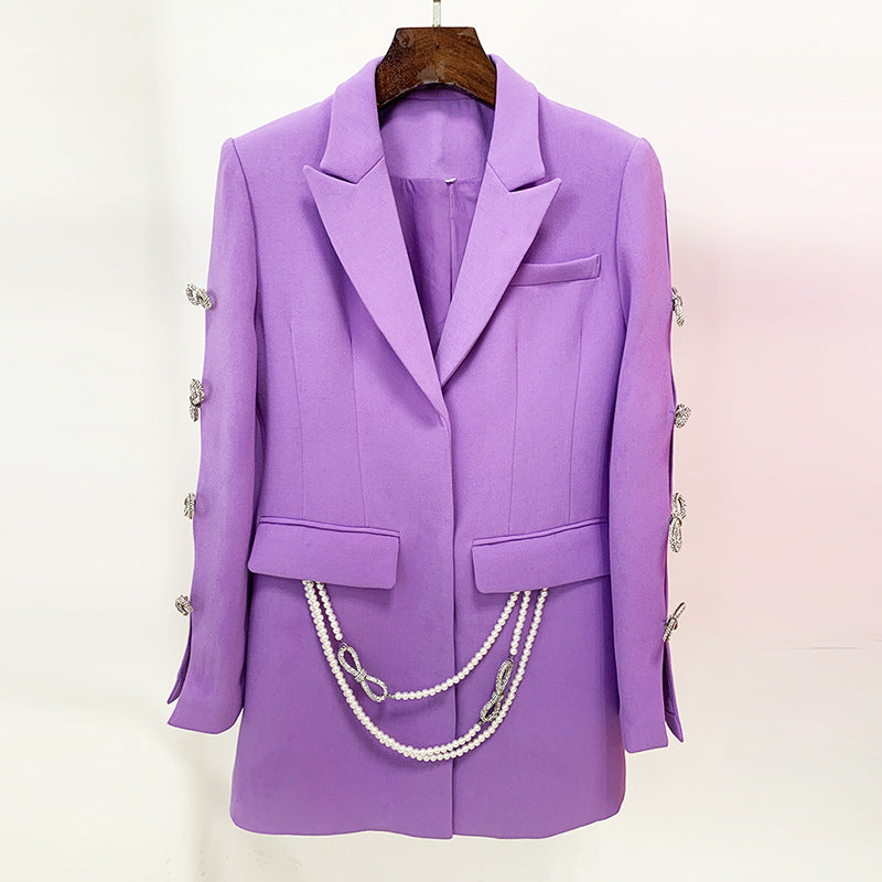 Dyed Fabric Dignified Sense of Design Sleeve Hollow Out Cutout Jeweled Bow Pearl Blazer Dress