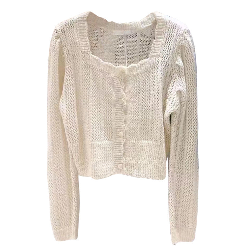 French Square Collar Knitted Sweater Cardigan Women Clothes Spring Long Sleeve Short Sweater