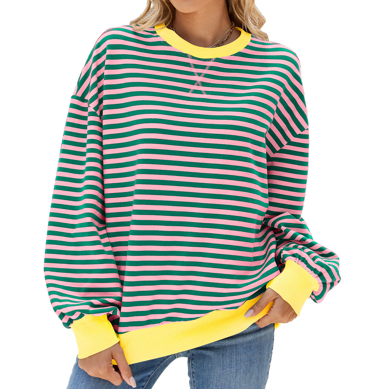 Autumn Winter Striped Round Neck Contrast Color Loose Long Sleeve Sweatershirt Coat Women