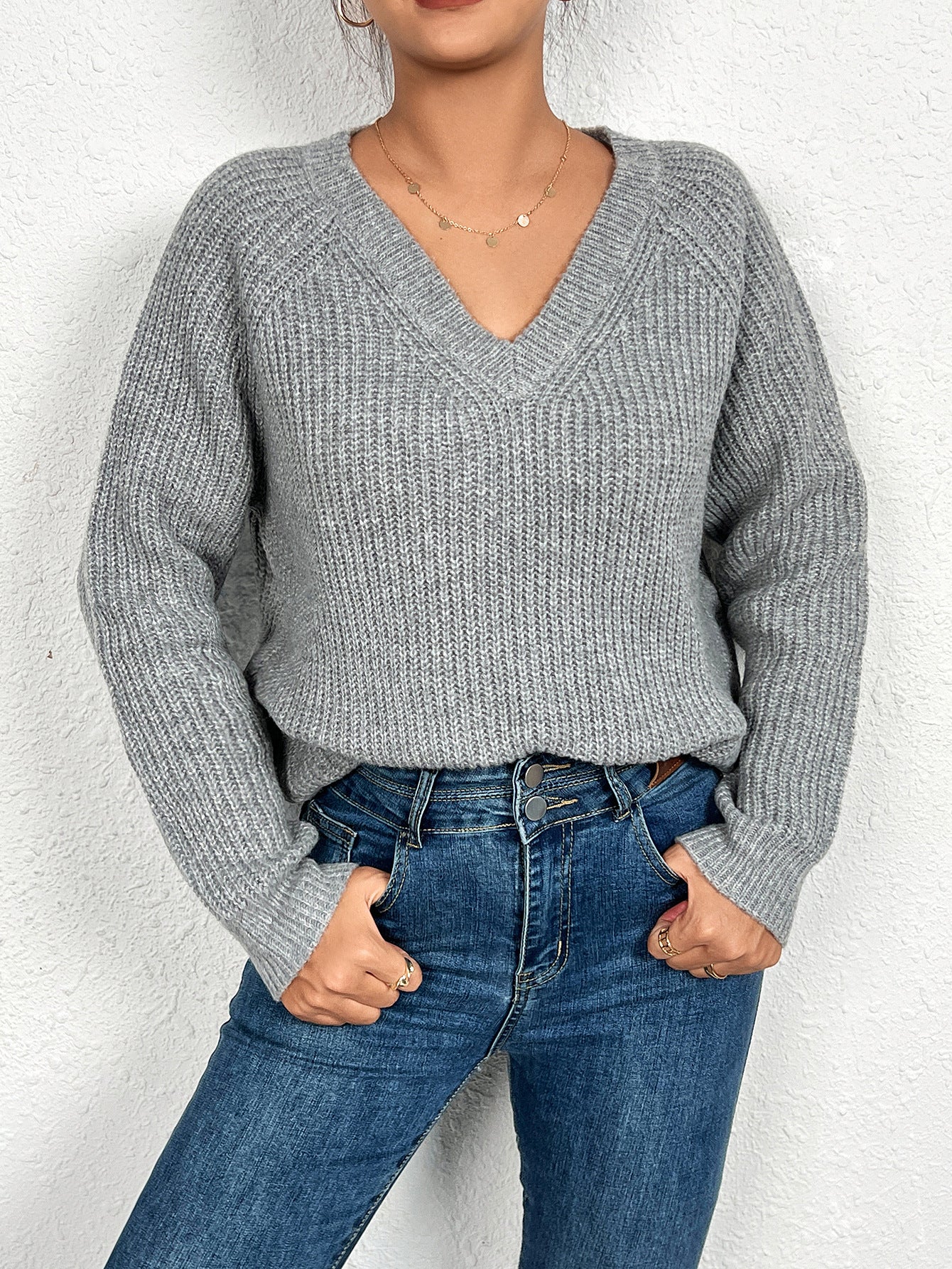 Spring Autumn Solid Color Knitted Sweater Women Elegant V neck Pullover Long Sleeve Solid Color Top