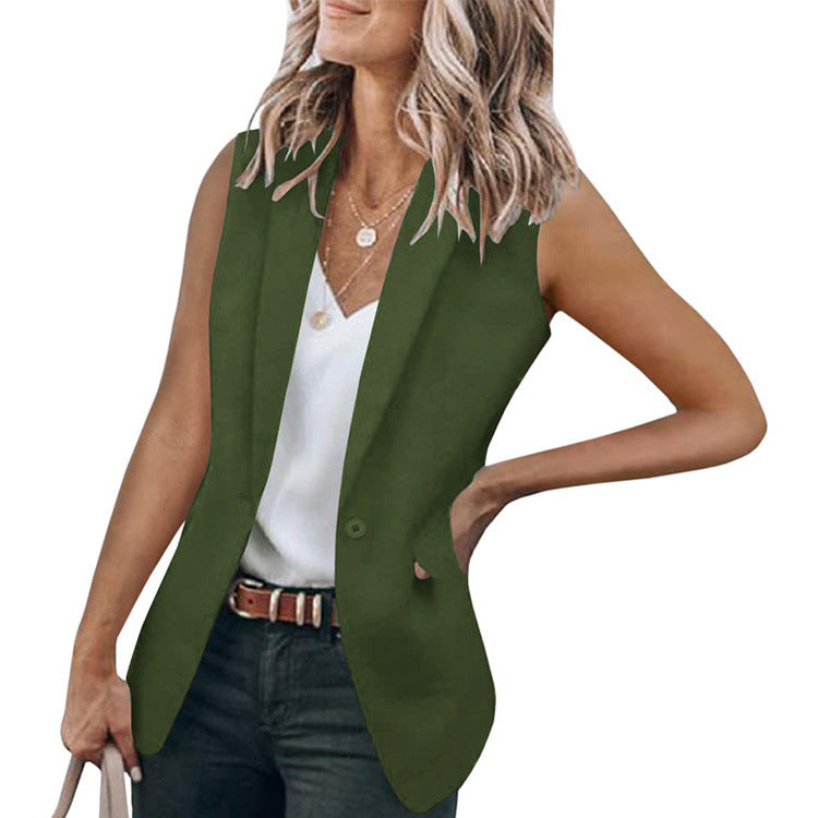 Summer Elegant Sleeveless Blazer Solid Color Collar Loose Cardigan Women Clothing