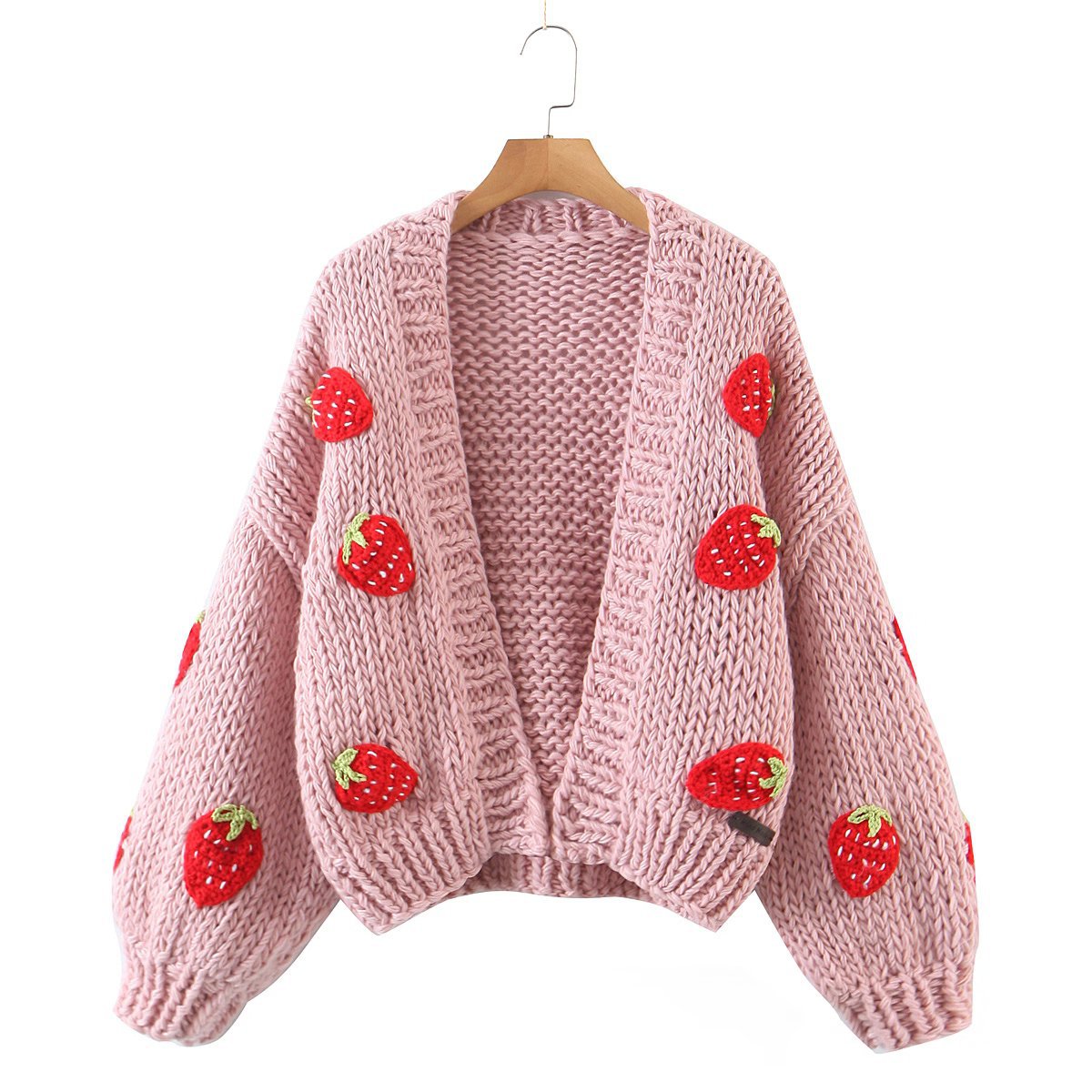 Pull fraise tridimensionnel bicolore fait à la main, Cardigan de couleur contrastée, automne