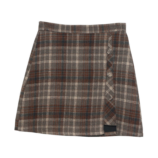 Women Autumn Winter Plaid Bag Hip Irregular Asymmetric High Waist A line Skirt