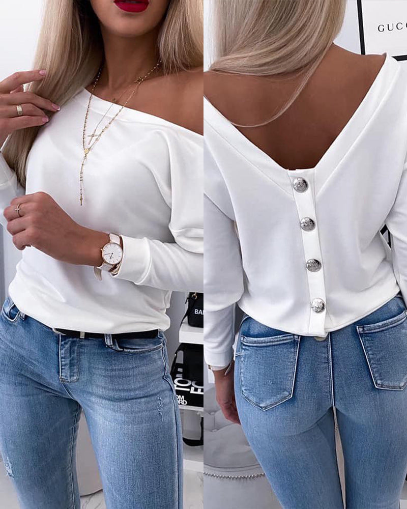 Women's White Backless Long Sleeves Top