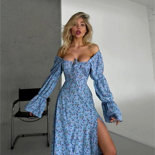 Vestido de mujer sexy de otoño con estampado floral y manga larga con abertura