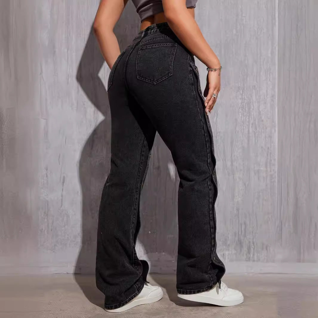 Pantalon cargo droit détachable en denim non extensible hip-hop avec coutures multi-boutons