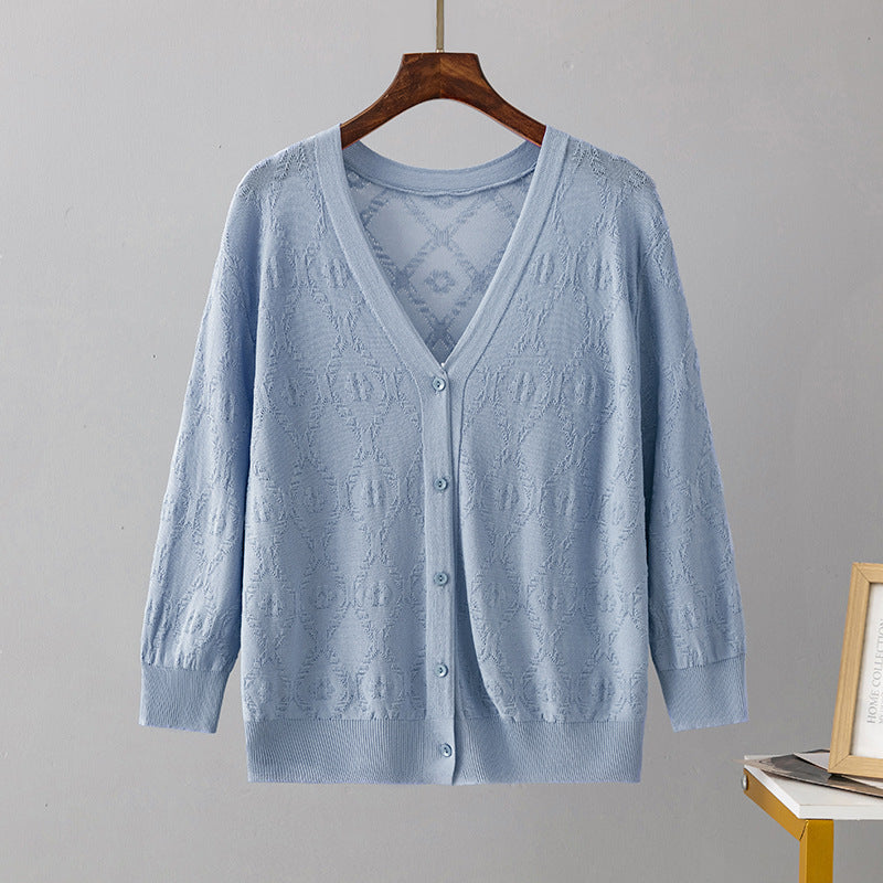 Three Quarter Sleeve Ice Silk Knitted Sun Proof Cardigan Tops Short Western Outer Wear Women Shawl Summer Small Shacket