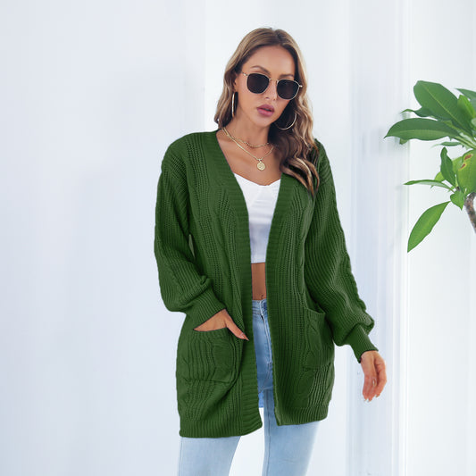 Women Clothing Autumn Winter Casual Loose Lantern Sleeve Pocket Cardigan Sweater Coat