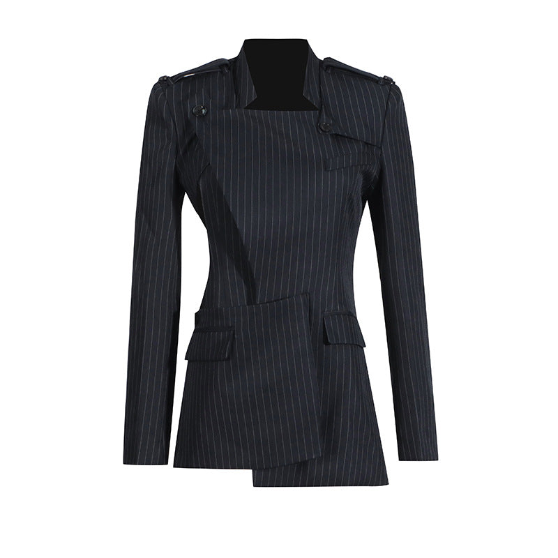 Autumn Casual Deconstructive Design Irregular Asymmetric Cut Striped Blazer for Women