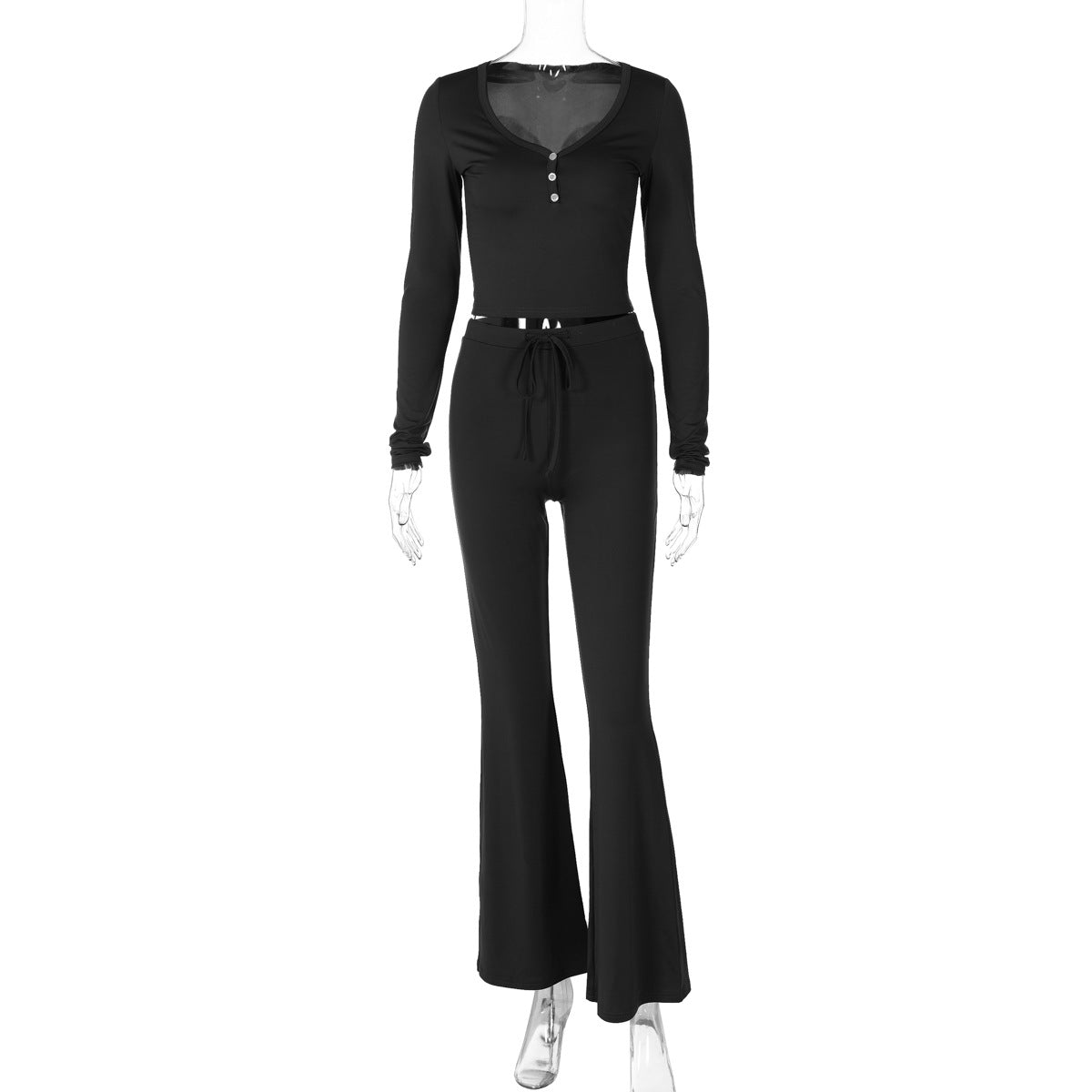 Vêtements pour femmes automne hiver couleur unie à manches longues cordon de serrage pantalon deux pièces costume femmes