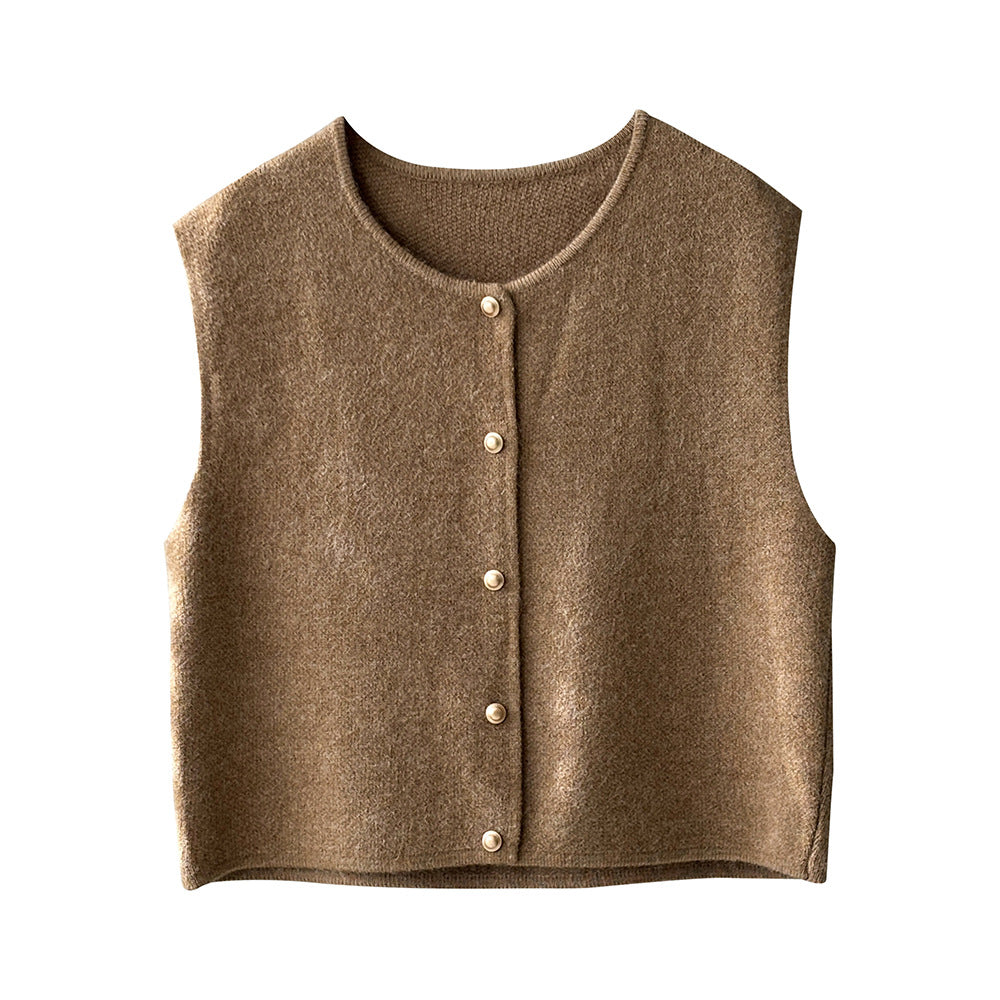 Gilet tricoté doux à simple boutonnage et col rond pour femme