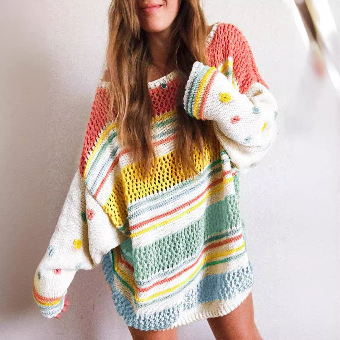 Casual Idle Colorized Sweater Women Winter Dopamine Mixed Color Stripe Women Pullover