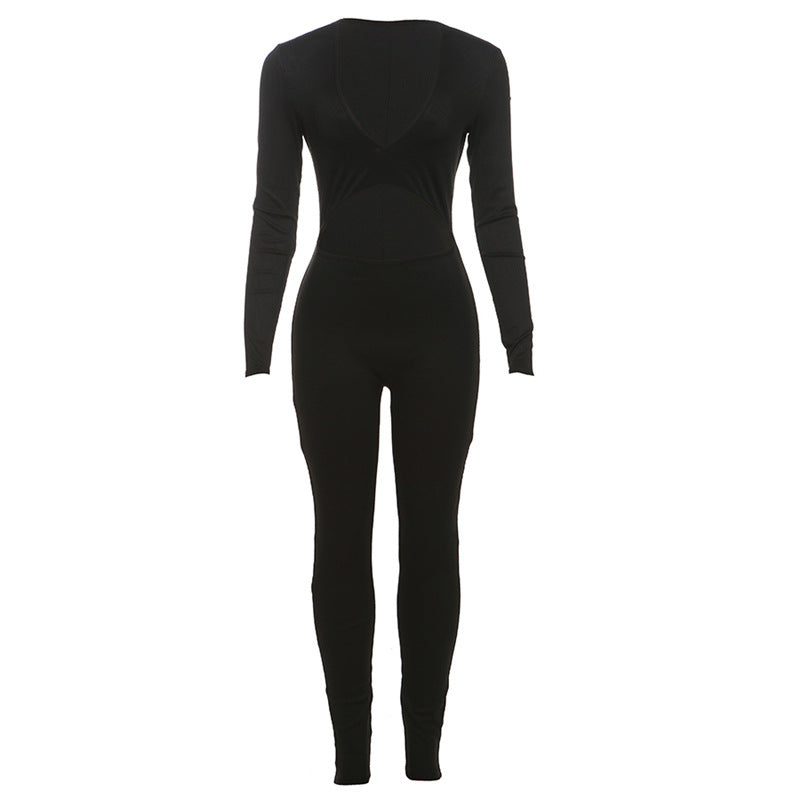 Autumn Winter Sexy Deep V Plunge neck Cropped Tight Long Sleeve Solid Color Sports Jumpsuit Women