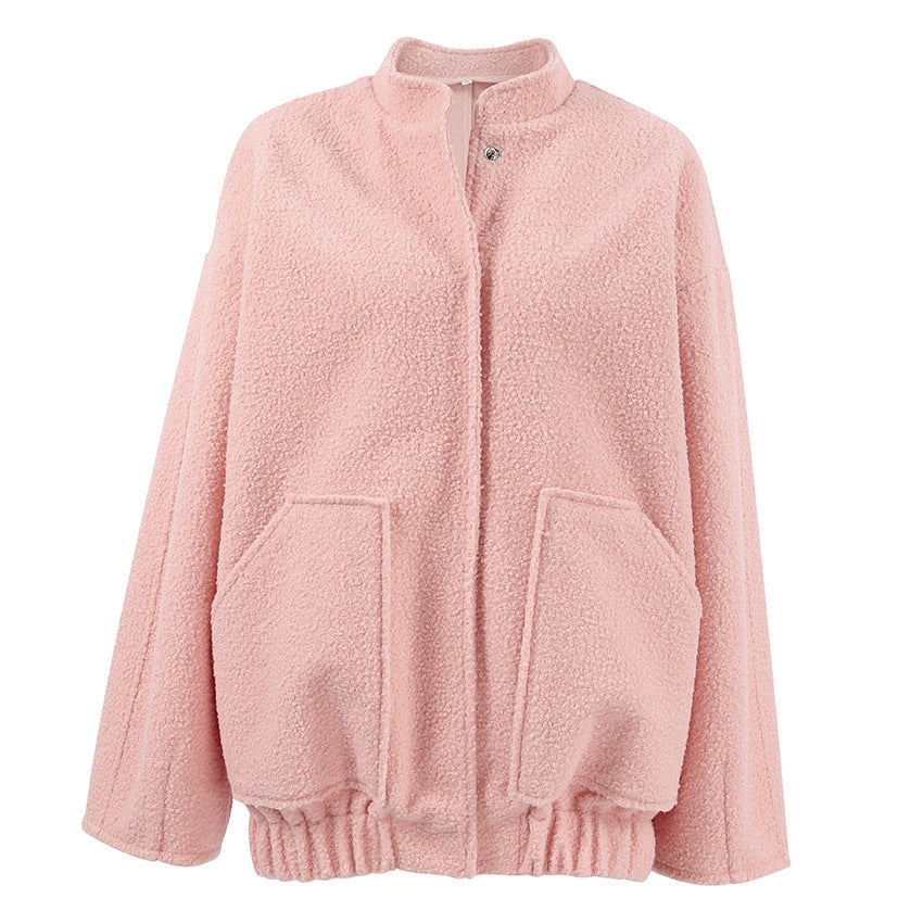 Abrigo elegante de otoño con cuello alto pequeño de terciopelo rosa suelto tridimensional para oficina y manga larga para mujer