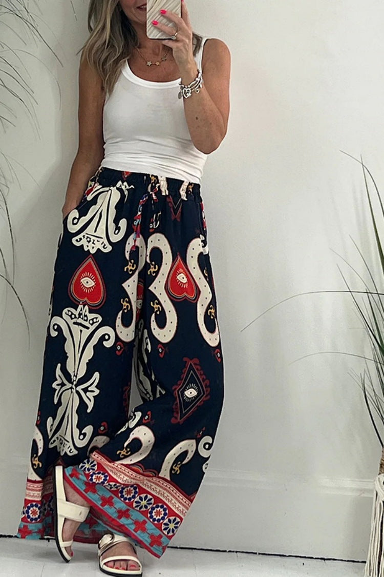 Women's Printed Pocket Loose Wide-leg Pants