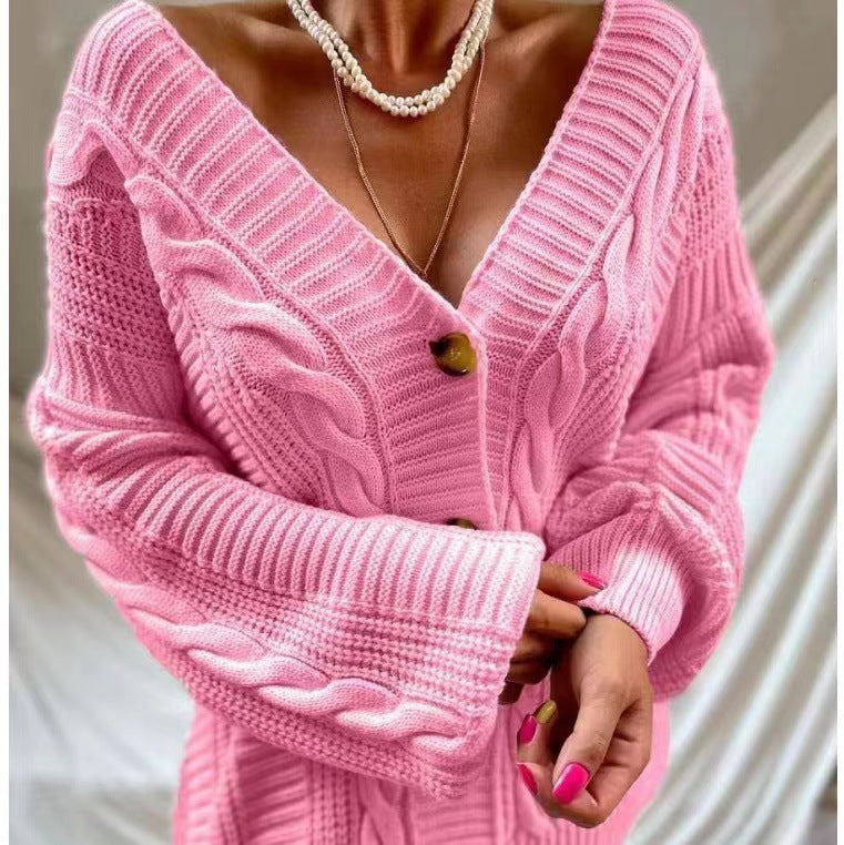 V Neck Lantern Sleeve Knitted Cardigan Women Autumn Winter Loose Sexy Sweater Coat