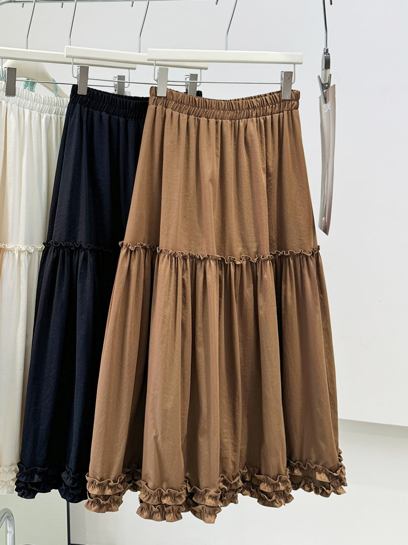 Gentle Wooden Ear Pleated Loose Slimming Skirt Women Autumn Winter Fashionable High Waist A line Large Hem Umbrella Skirt