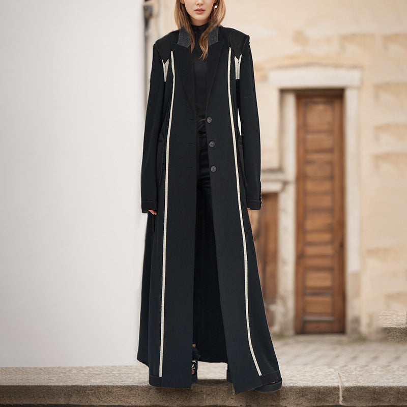 French Hepburn Contrast Color Design Long Trench Coat Women Clothing Winter Long Cut Coat