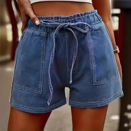 Vaqueros de verano de talla grande para mujer, cintura elástica, lazo, Color sólido