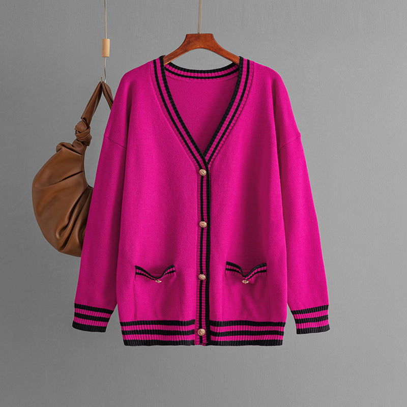 Automne Hiver Contraste Couleur Pull Cardigan Manteau Lâche Col V Mi-Longueur Tricot Haut Femmes Vêtements