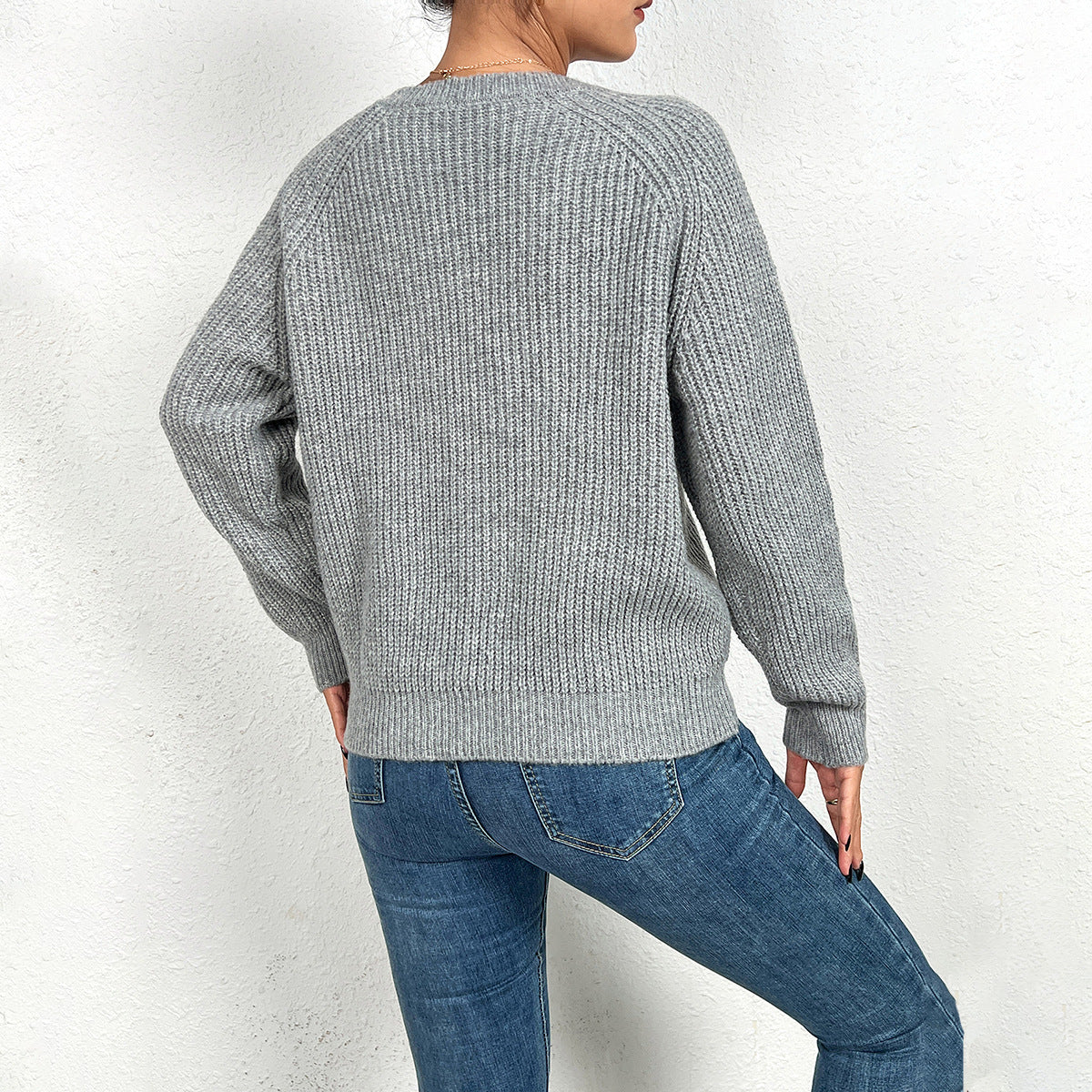 Spring Autumn Solid Color Knitted Sweater Women Elegant V neck Pullover Long Sleeve Solid Color Top