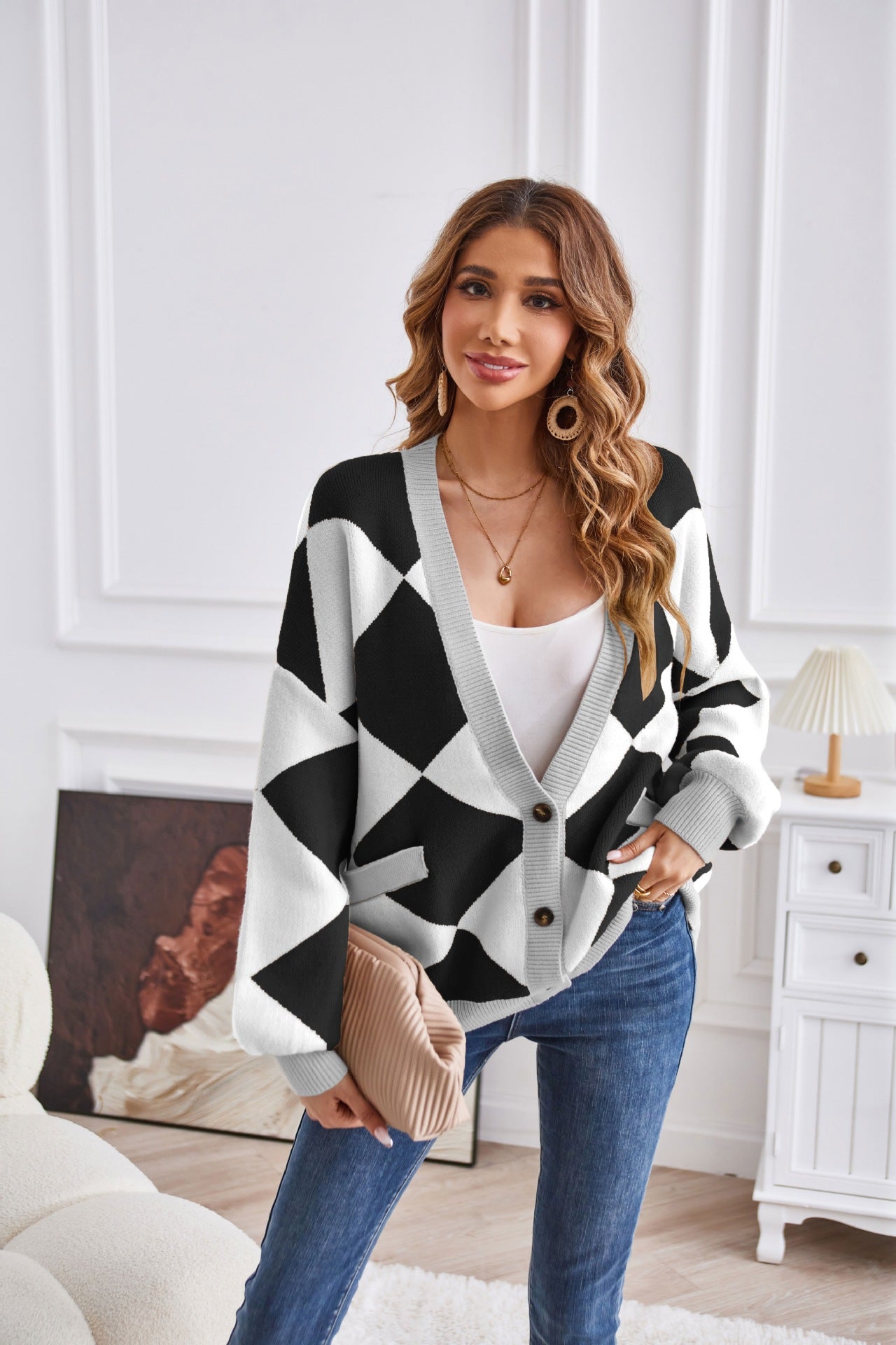 Winter V Neck Geometric Abstract Stitching Contrast Color Knitted Cardigan Casual Loose Jacket Women