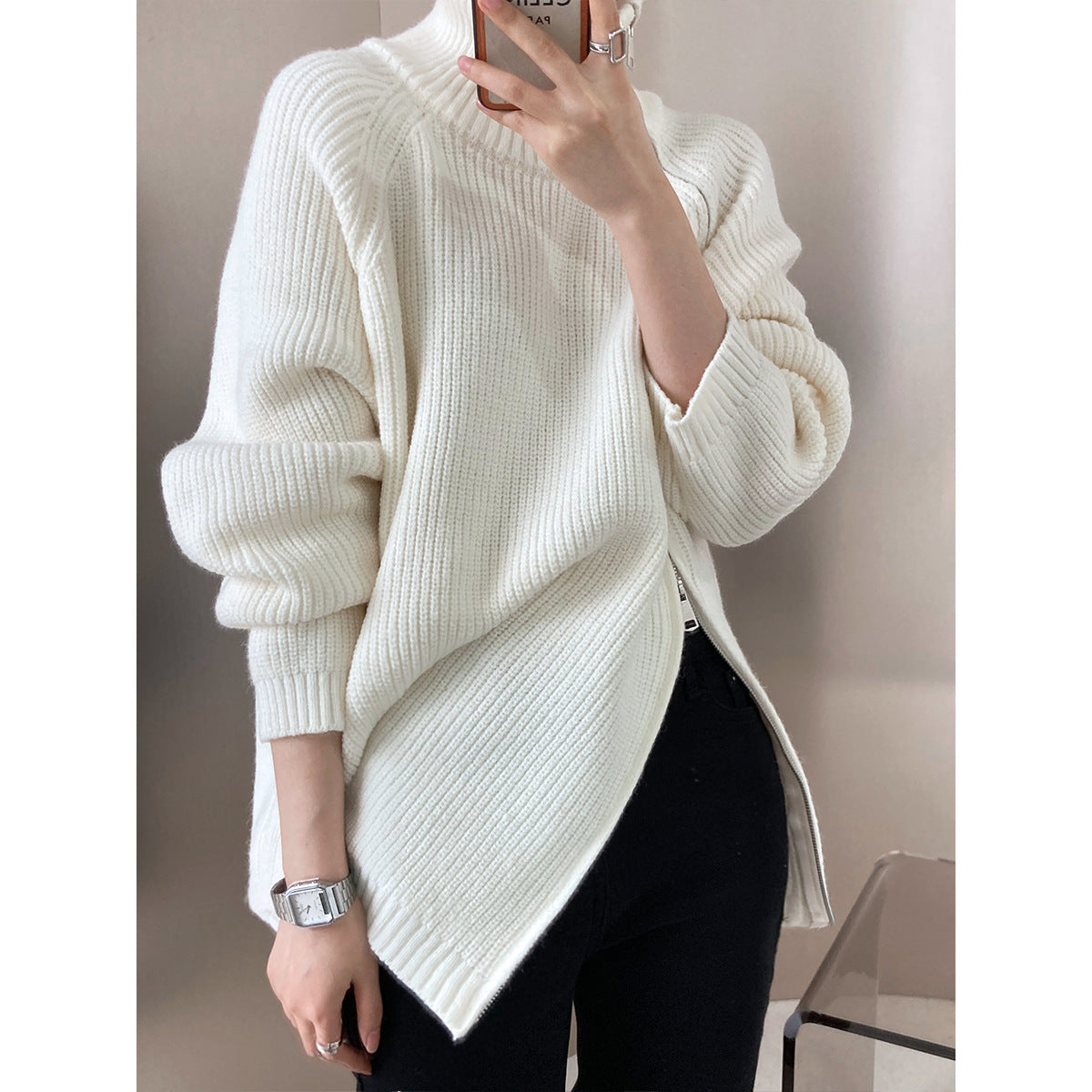 Pull à col roulé avec fermeture éclair Oblique à Double tête pour femme, vêtement décontracté, paresseux, automne et hiver