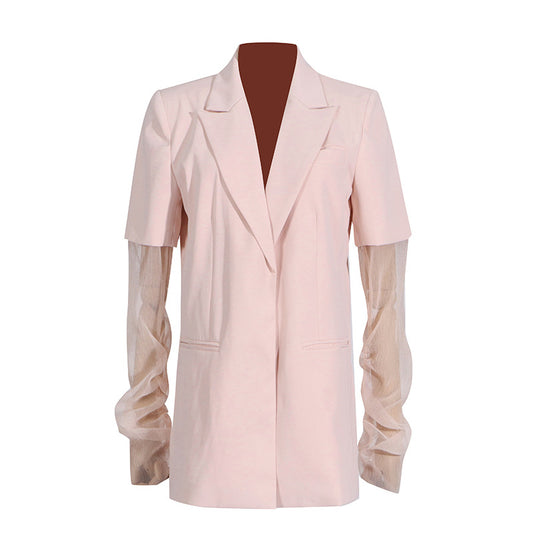 Summer V neck Pink Mesh Stitching Design Long Sleeve Profile Blazer for Women