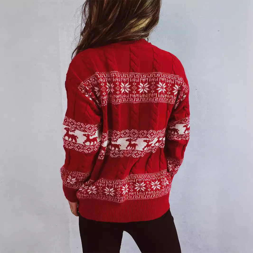 Arrival Autumn Winter Retro Elk Snowflake Jacquard Christmas Sweater round Neck Pullover Knitting Acrylic Sweater