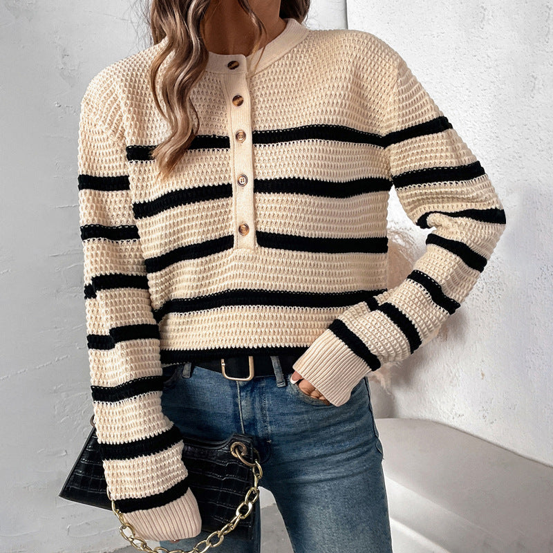 Top Autumn Winter Women Clothing Striped Contrast Color Sweater