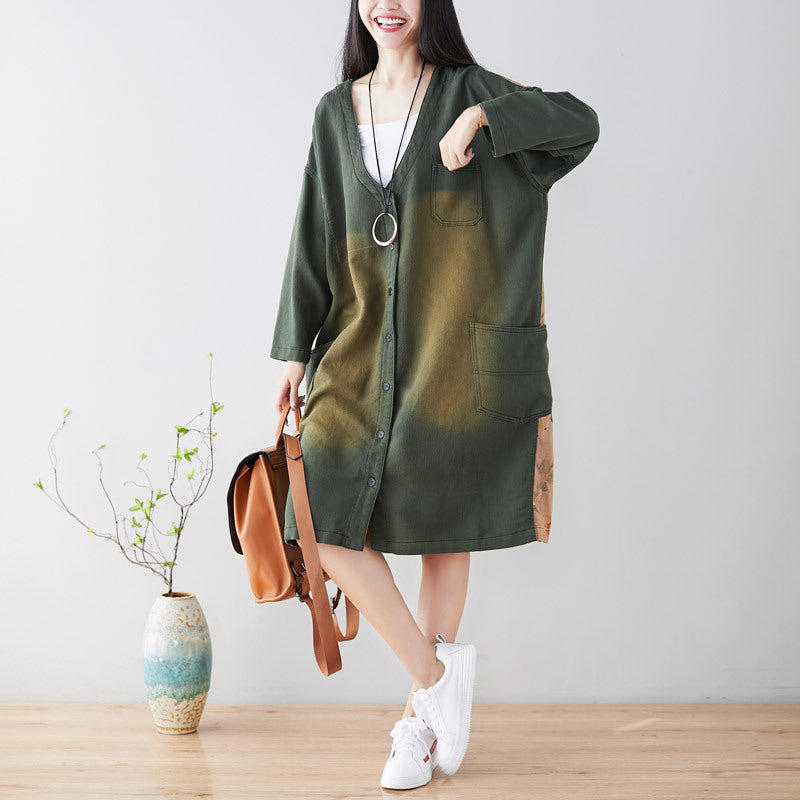 Spring Distressed Stitching Mid Length Coat Loose Artistic Trench Coat V neck Cardigan