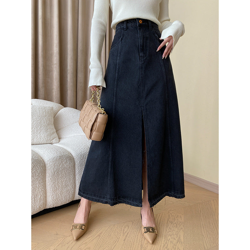 French Blogger Line Split Raw Hem High Waist A line Denim Skirt