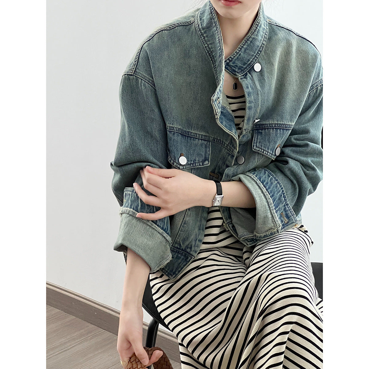 Denim Jacket Women Short Autumn Korean Fashionable Stand Collar Design Coat