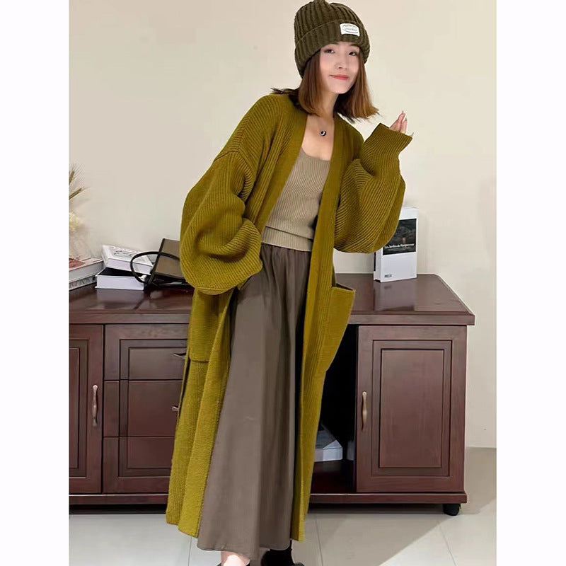 Women's Mid-length Over-the-knee Cardigan Belt Sweater Coat