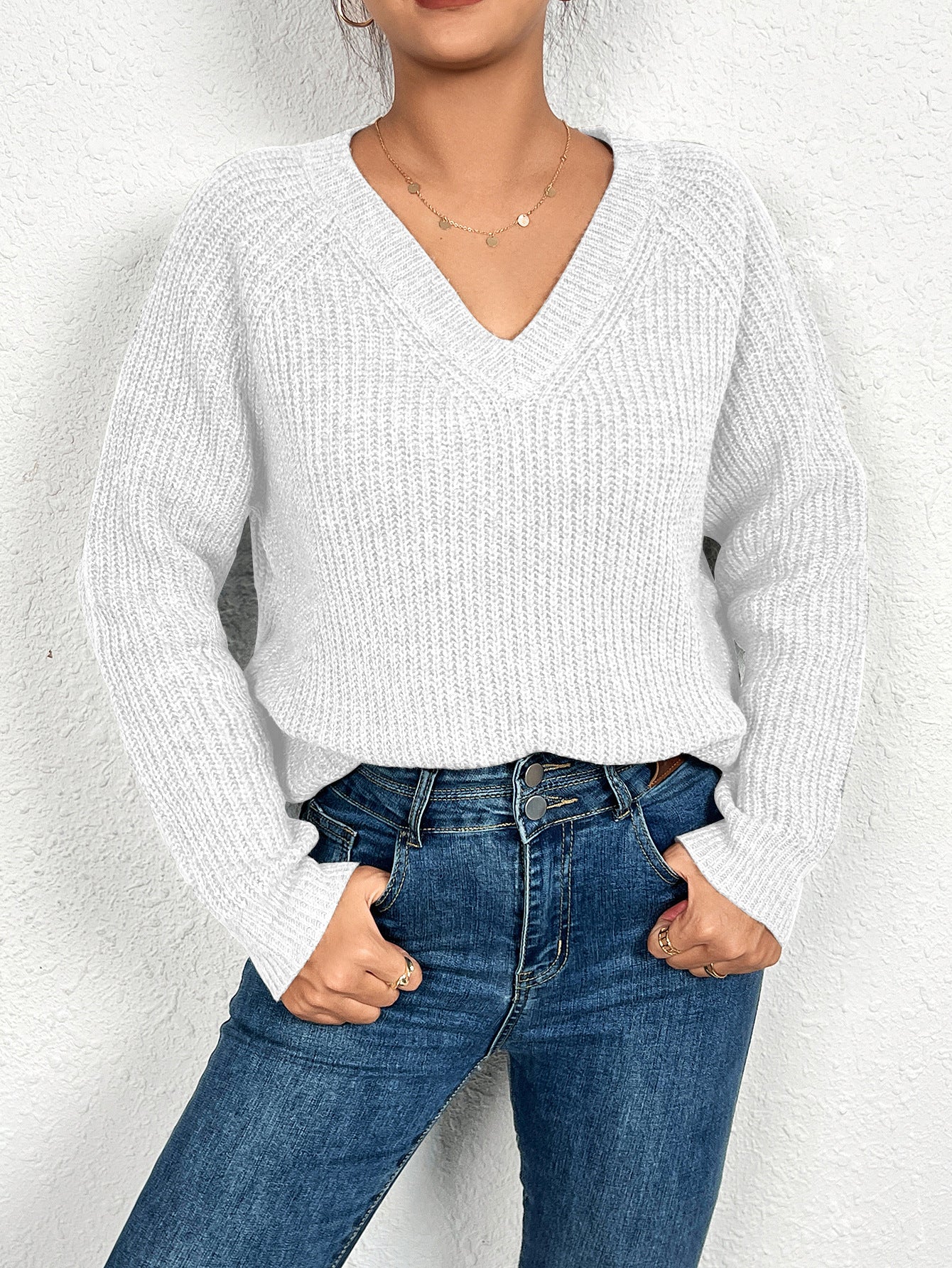 Spring Autumn Solid Color Knitted Sweater Women Elegant V neck Pullover Long Sleeve Solid Color Top