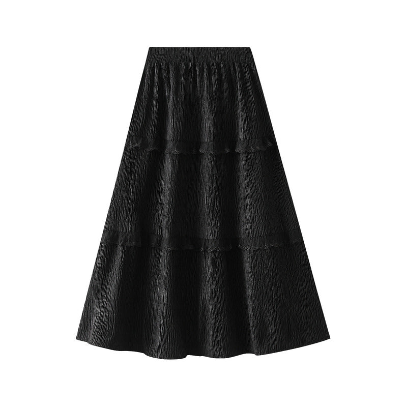 Corduroy Pleated Skirt Women Winter High Waist A Line Umbrella Skirt Mid Length Tiered Ruffle Skirt